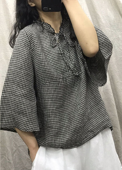 Plus Size Schwarz Plaid Patchwork Casual Top Frühling