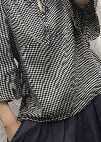 Plus Size Schwarz Plaid Patchwork Casual Top Frühling