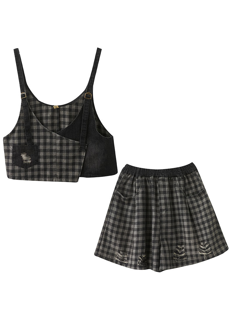 Plus Size Schwarz Plaid Patchwork Herbst Zweiteiler Damenbekleidung