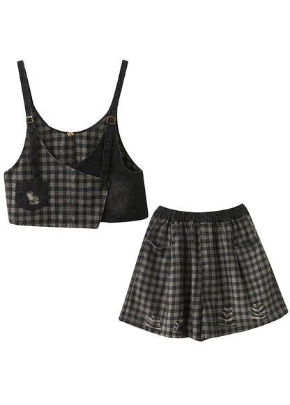 Plus Size Schwarz Plaid Patchwork Herbst Zweiteiler Damenbekleidung