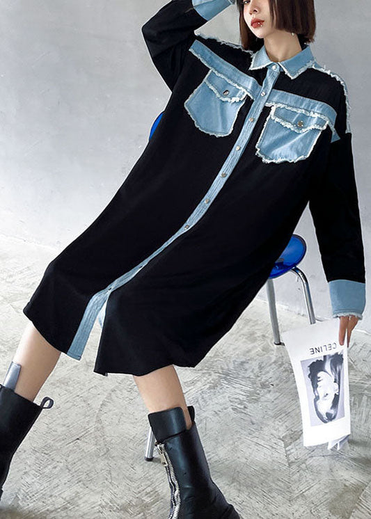 Plus Size Black Pockets Patchwork Button Fall Dresses Long sleeve