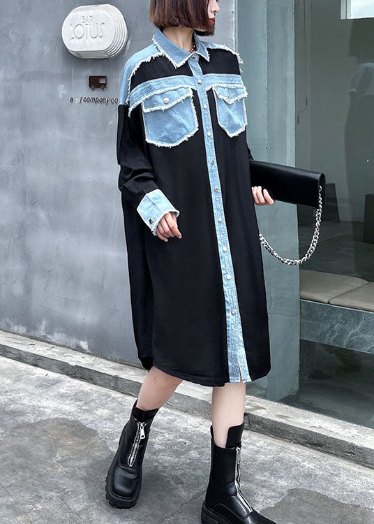 Plus Size Schwarze Taschen Patchwork Knopf Herbstkleider Langarm