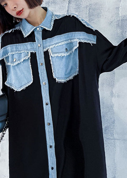 Plus Size Schwarze Taschen Patchwork Knopf Herbstkleider Langarm