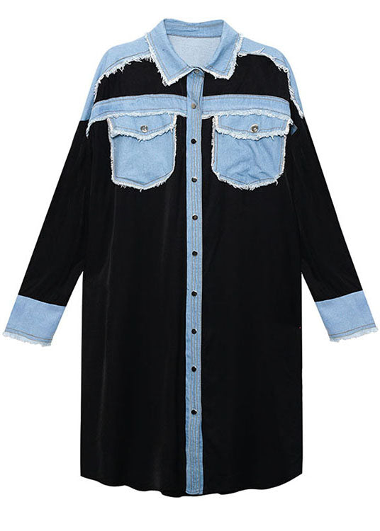 Plus Size Schwarze Taschen Patchwork Knopf Herbstkleider Langarm