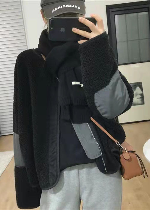 Plus Size Schwarze Taschen Patchwork Kunstpelzmäntel Frühling