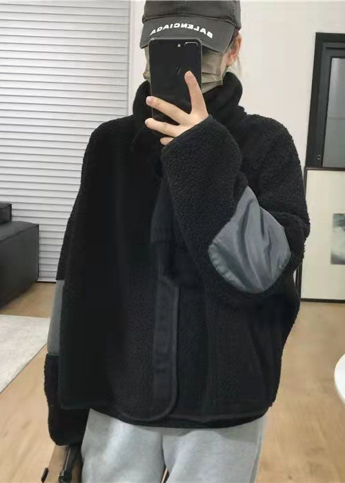 Plus Size Schwarze Taschen Patchwork Kunstpelzmäntel Frühling