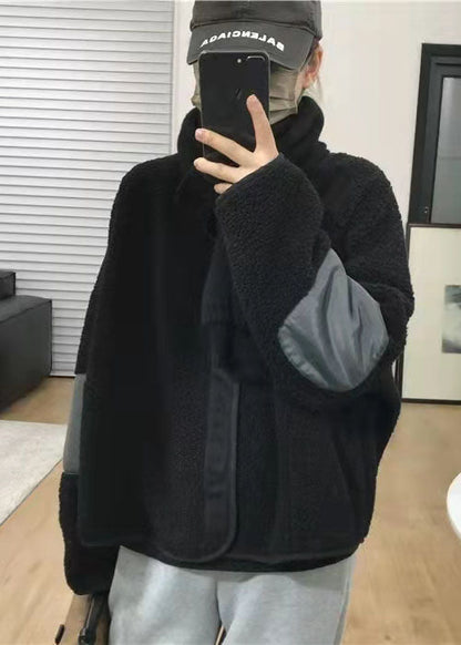 Plus Size Schwarze Taschen Patchwork Kunstpelzmäntel Frühling