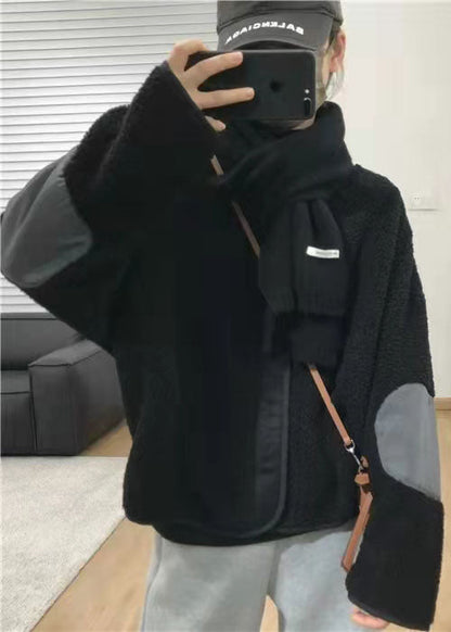 Plus Size Schwarze Taschen Patchwork Kunstpelzmäntel Frühling