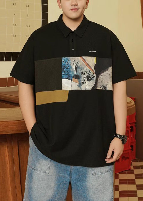 Plus Size Black Print Button Cotton Men Polo Shirt Summer
