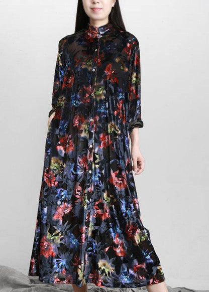Plus Size Black Print Button Pockets Vacation Dresses Fall - SooLinen