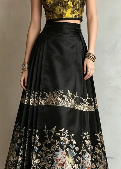 Plus Size Black Print High Waist A Line Skirts Summer