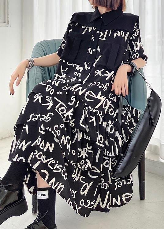 Plus Size Black Print Patchwork Peter Pan Collar Robe Dresses Summer - SooLinen