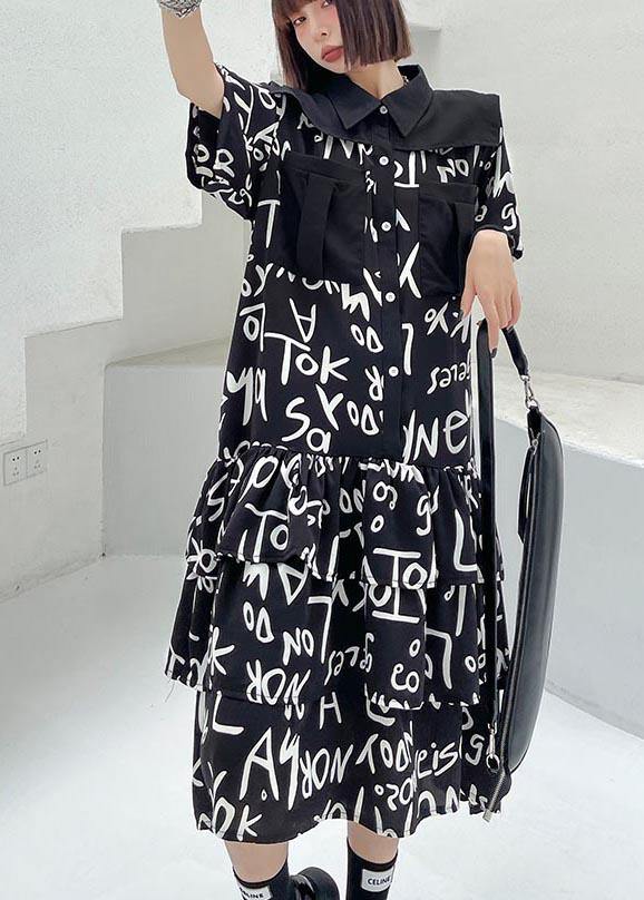 Plus Size Black Print Patchwork Peter Pan Collar Robe Dresses Summer - SooLinen