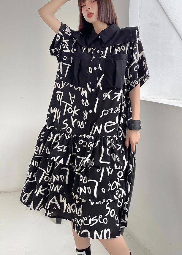 Plus Size Black Print Patchwork Peter Pan Collar Robe Dresses Summer - SooLinen