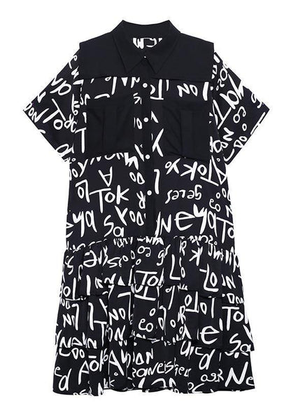 Plus Size Black Print Patchwork Peter Pan Collar Robe Dresses Summer - SooLinen