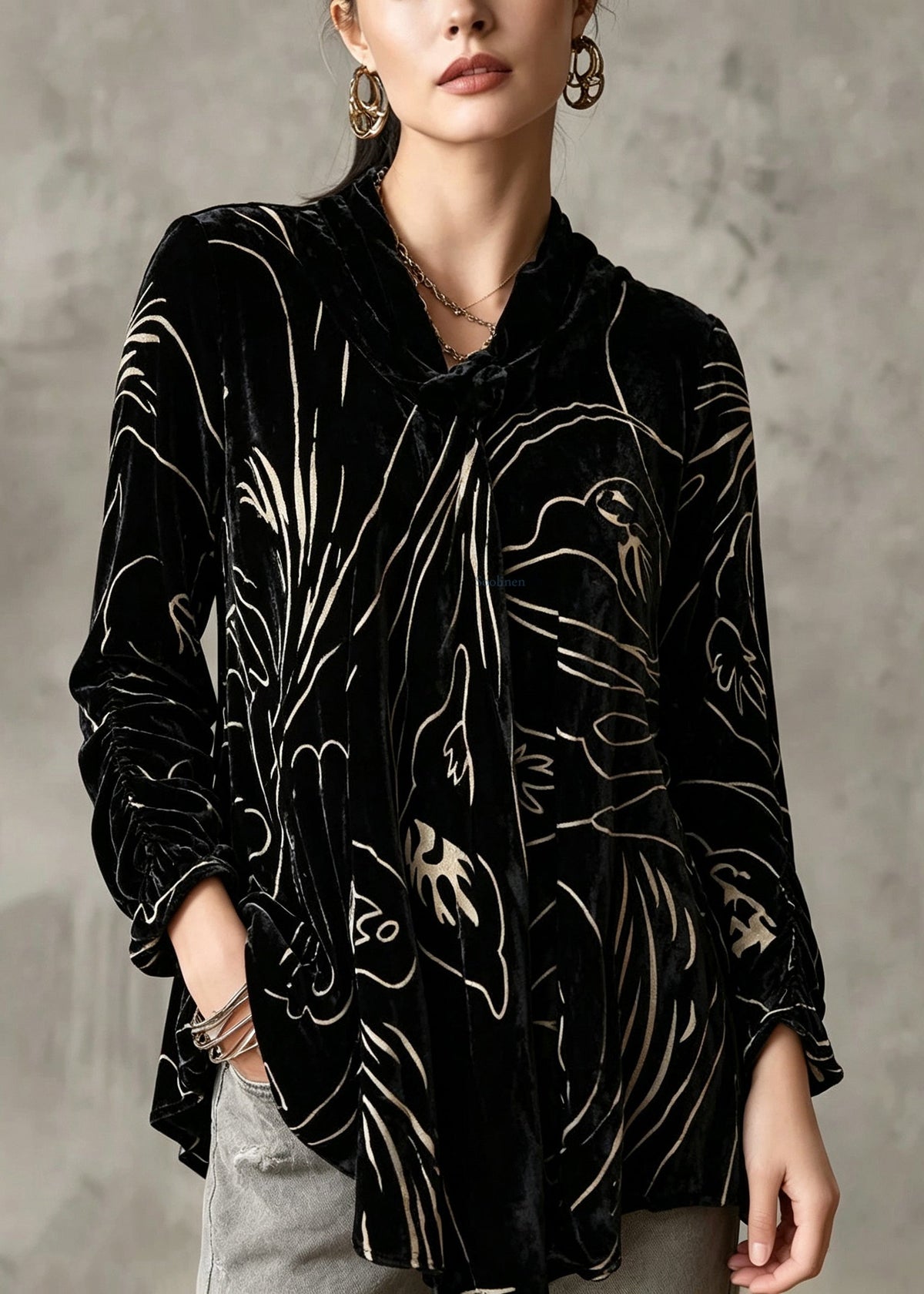 Plus Size Black Print Silk Velour Tops Long Sleeve