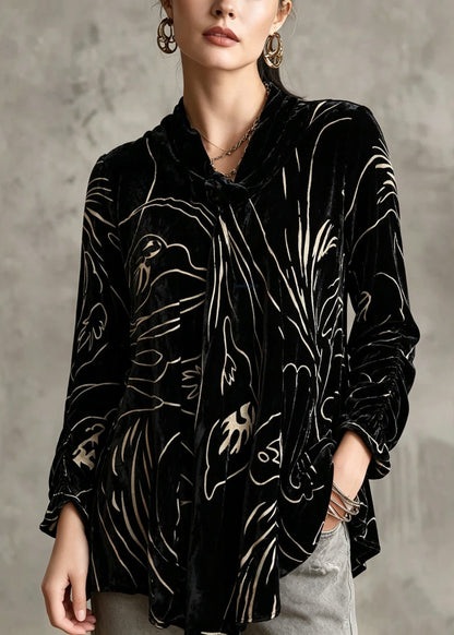 Plus Size Black Print Silk Velour Tops Long Sleeve