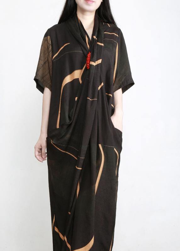 Plus Size Black Print Tencel Asymmetric Dress - SooLinen