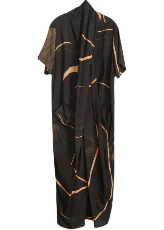 Plus Size Black Print Tencel Asymmetric Dress - SooLinen