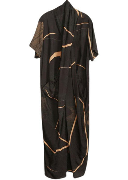 Plus Size Black Print Tencel Asymmetric Dress - SooLinen