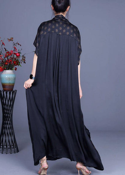 Plus Size Black Print V Neck asymmetrical design Silk Vacation Dresses Summer - SooLinen