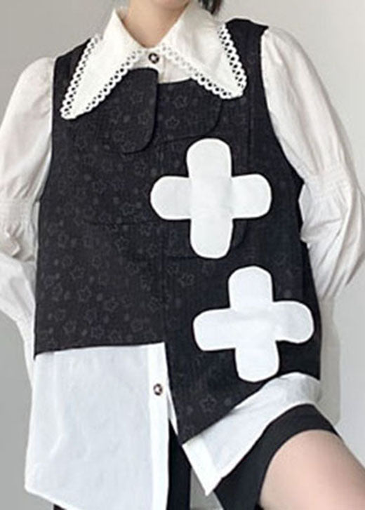 Plus Size Schwarzer Druck asymmetrisches Design Herbstweste