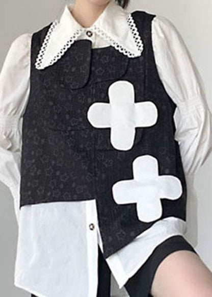 Plus Size Schwarzer Druck asymmetrisches Design Herbstweste