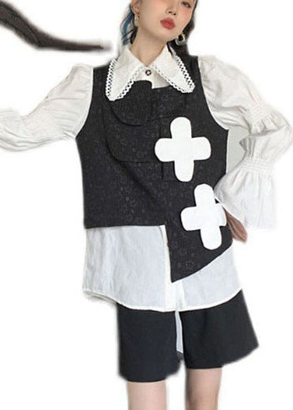 Plus Size Schwarzer Druck asymmetrisches Design Herbstweste