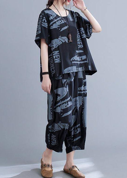 Plus Size Black Print crop pants Two Pieces Set Summer - SooLinen