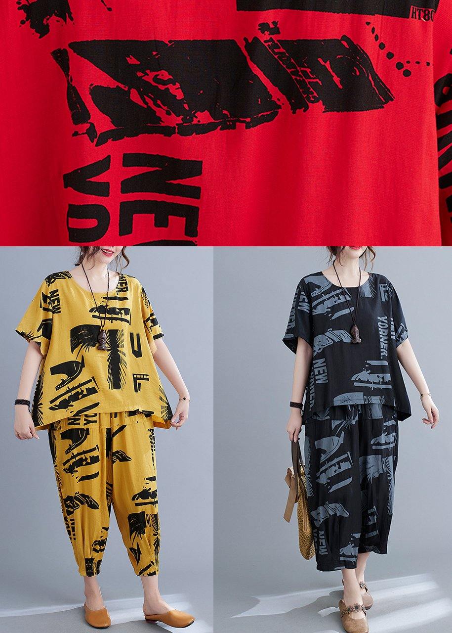 Plus Size Black Print crop pants Two Pieces Set Summer - SooLinen