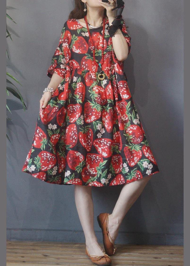 Plus Size Black Print strawberry High Waist Long Dresses Summer Linen - SooLinen