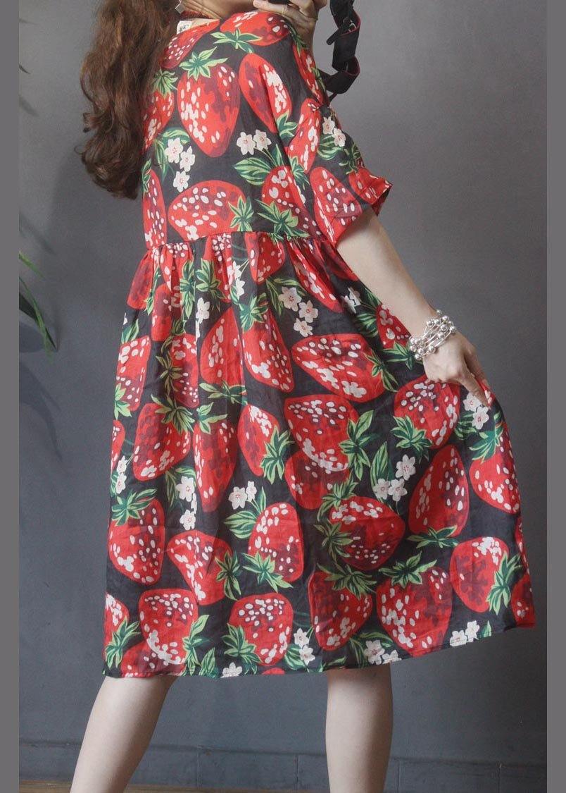 Plus Size Black Print strawberry High Waist Long Dresses Summer Linen - SooLinen