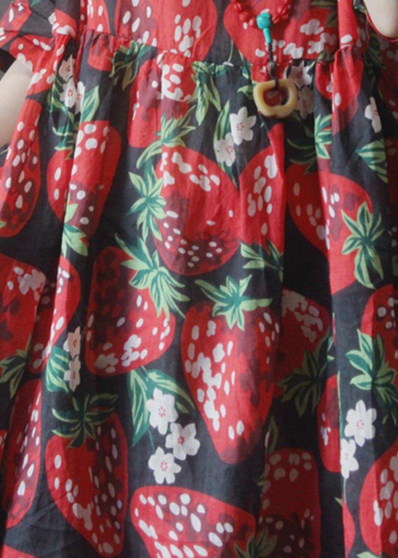 Plus Size Black Print strawberry High Waist Long Dresses Summer Linen - SooLinen