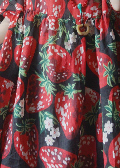 Plus Size Black Print strawberry High Waist Long Dresses Summer Linen - SooLinen