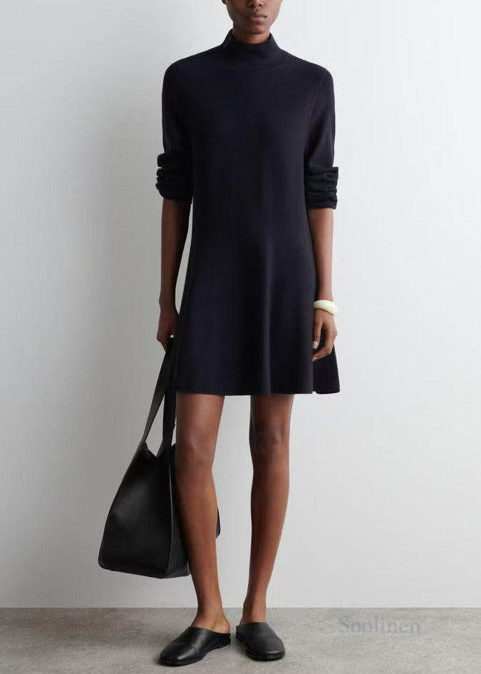 Plus Size Black Stand Collar Knit Day A Line Dress Fall