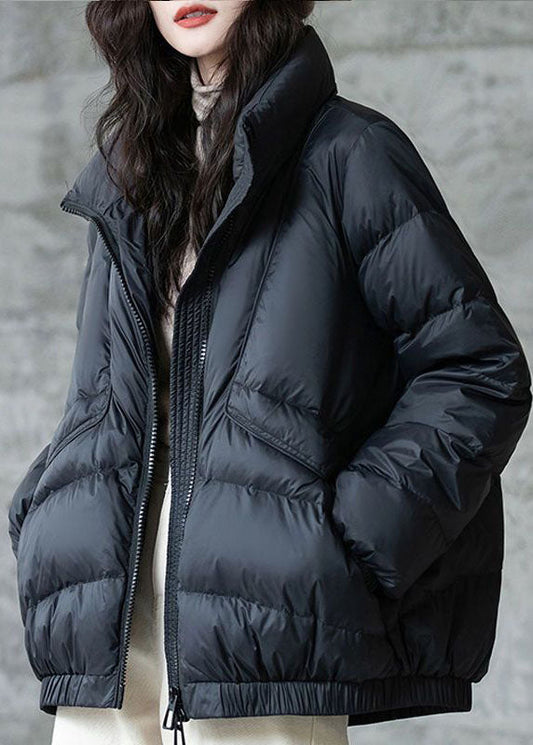 Übergröße Schwarzer Wintermantel mit Stehkragen und Reißverschluss