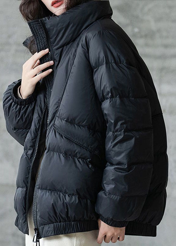 Übergröße Schwarzer Wintermantel mit Stehkragen und Reißverschluss