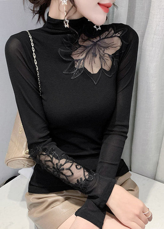 Plus Size Schwarze Stehkragen Tüll Patchwork Tops Frühling