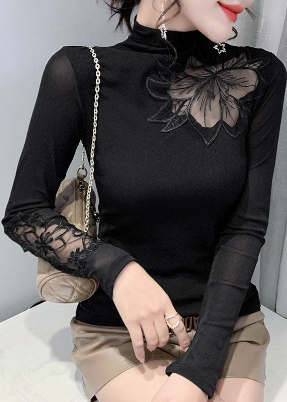 Plus Size Schwarze Stehkragen Tüll Patchwork Tops Frühling