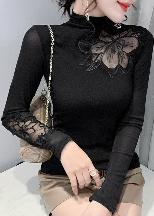 Plus Size Schwarze Stehkragen Tüll Patchwork Tops Frühling