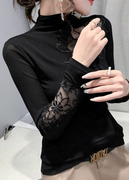 Plus Size Schwarze Stehkragen Tüll Patchwork Tops Frühling