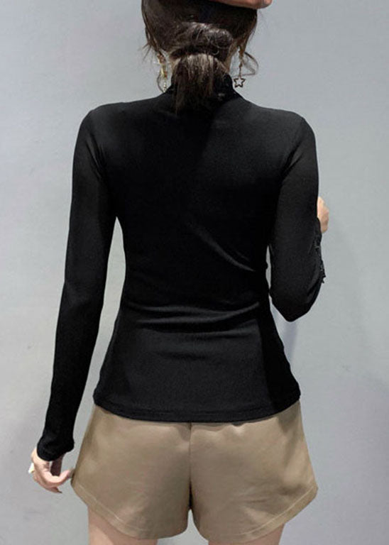 Plus Size Schwarze Stehkragen Tüll Patchwork Tops Frühling