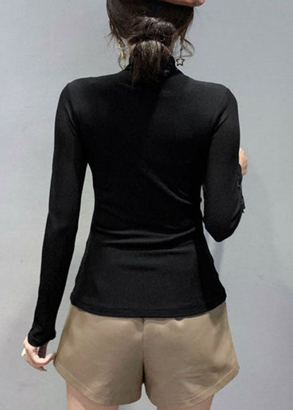 Plus Size Schwarze Stehkragen Tüll Patchwork Tops Frühling