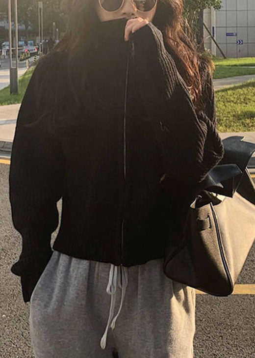 Plus Size Schwarzer, kuscheliger Herbst-Strickmantel mit Stehkragen und Reißverschluss