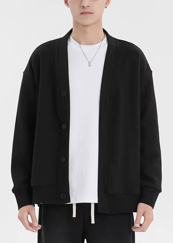 Cárdigan de algodón para hombre, talla grande, negro, cuello en V, bolsillos con botones, primavera