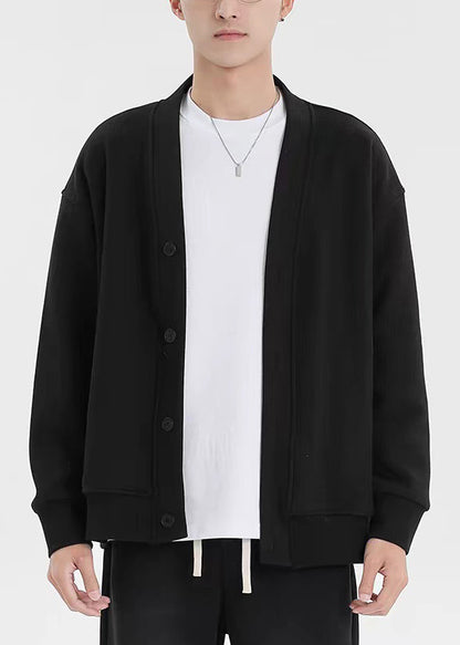 Cárdigan de algodón para hombre, talla grande, negro, cuello en V, bolsillos con botones, primavera