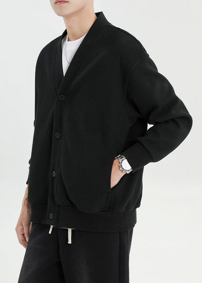 Cárdigan de algodón para hombre, talla grande, negro, cuello en V, bolsillos con botones, primavera
