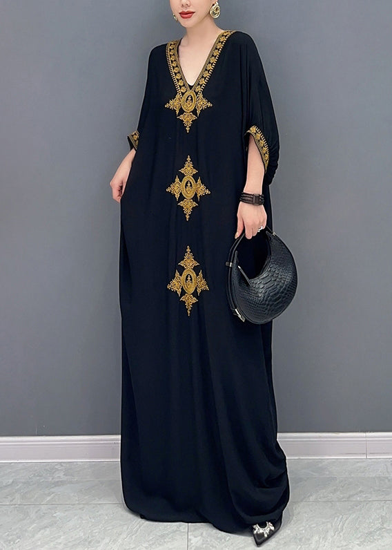 Plus Size Black V Neck Embroidered Cotton Maxi Dress Batwing Sleeve