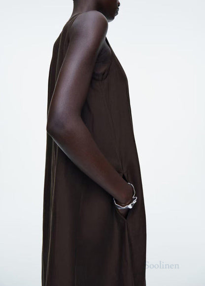 Plus Size Black V Neck Linen Maxi Dresses Sleeveless