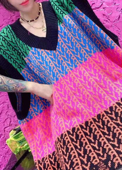 Plus Size Schwarze V-Ausschnitt Lose Patchwork Herbst Bluse Tops Strickweste